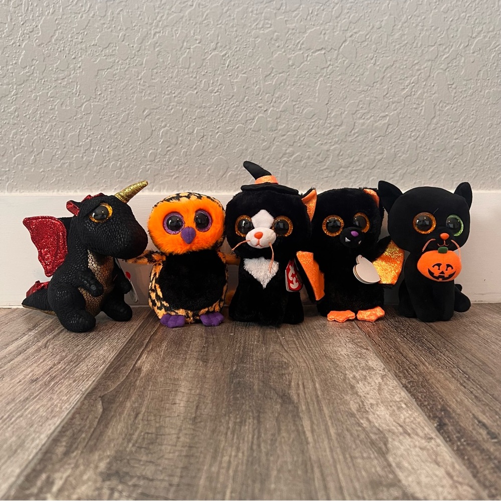 LOT OF 5 TY BEANIE BOOS HALLOWEEN WITCHIES POTION BAT DRAGON OWL SOME ARE NWT